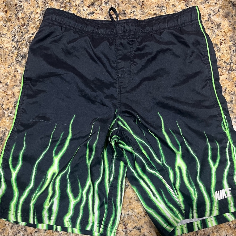 Nike Swim Shorts Mens Medium Green Y2K lightning Flames 2000s Lined Mesh